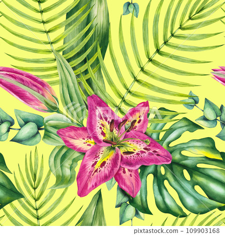 Watercolor tropical bouquet leaves and lilies bouquet pattern Watercolor tropical bouquet leaves and lilies bouquet pattern 109903168