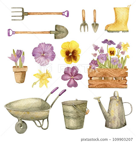 Set of spring flowers and garden tools isolated on white background. 2024. Clipart. sticker pack. Watercolor hand drawn art illustration. For cards, handmade textiles, prints, menus, poster 109903207