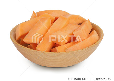 Sweet potato slices in a wooden bowl isolated on white background with full depth of field Sweet potato slices in a wooden bowl isolated on white background with full depth of field 109903250