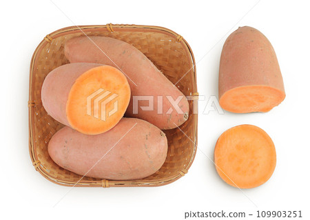 Sweet potato in a wicker basket isolated on white background. Top view. Flat lay Sweet potato in a wicker basket isolated on white background. Top view. Flat lay 109903251