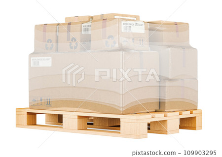 Wooden Pallet with parcels wrapped in stretch film, 3D rendering 109903295