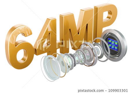 64 MP Camera for Smartphone. Disassembled smartphone camera, modern lens of smartphone cameras structure. 3D rendering 109903301