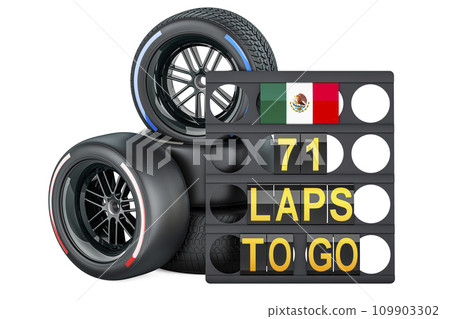 Mexican racing, pit board with flag of Mexico and racing wheels with different compounds type tyres. 3D rendering 109903302
