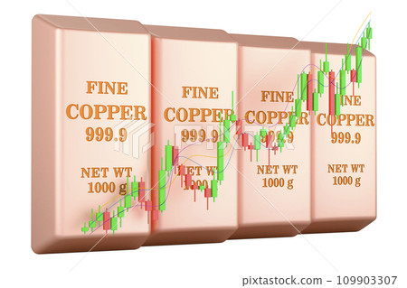 Copper ingots with candlestick chart, showing uptrend market. 3D rendering 109903307