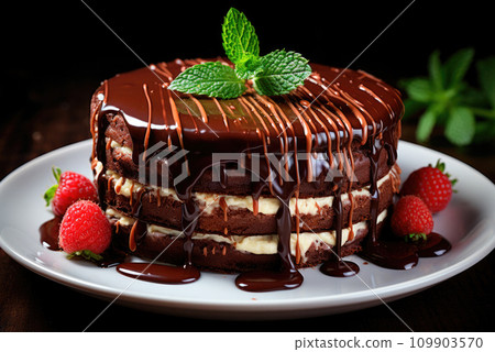 Round chocolate cake covered with icing with streaks and decorated with mint leaves and raspberries Round chocolate cake covered with icing with streaks and decorated with mint leaves and raspberries 109903570