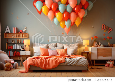Multi colored balloons in the decor of the children's room for a birthday Multi colored balloons in the decor of the children's room for a birthday 109903587