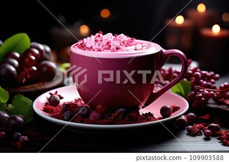 Beetroot latte in a mug on the table Beetroot latte in a mug on the table 109903588