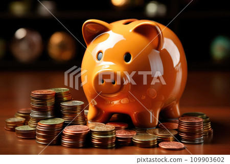 Piggy bank on a pile of bronze and silver colored coins. Save money, financial planning Piggy bank on a pile of bronze and silver colored coins. Save money, financial planning 109903602
