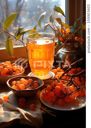 Sea buckthorn tea in a glass cups with fresh sea buckthorn berries. Herbal vitamin tea 109903605