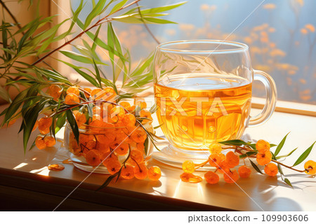 Sea buckthorn tea in a glass cups with fresh sea buckthorn berries. Herbal vitamin tea 109903606