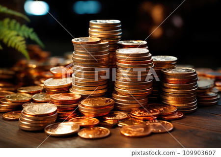 Stacks of gold coins. Finance and investment 109903607
