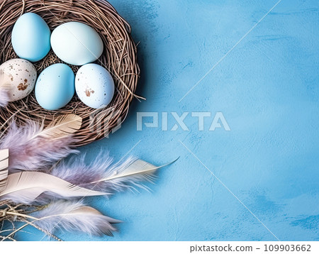 AI-generated content. Easter eggs of feathers in a nest on a blue background 109903662