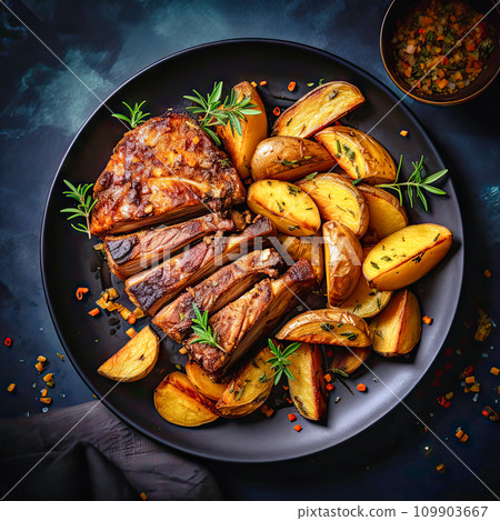 AI-generated content. baked pork with potato wedges on black plate AI-generated content. baked pork with potato wedges on black plate 109903667