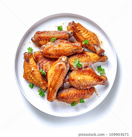 AI-generated content. baked chicken wings on white plate top view isolated on white background 109903671