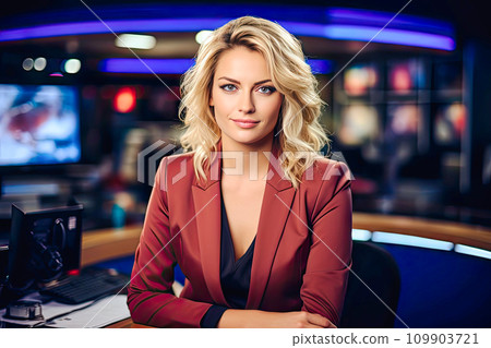 AI-generated content. a photo of a tv news female presenter on a popular 109903721