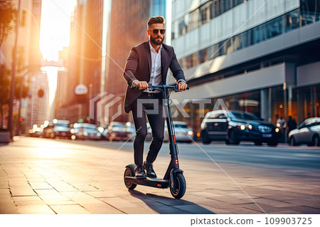 AI-generated content. businessman driving an ecological e-scooter 109903725