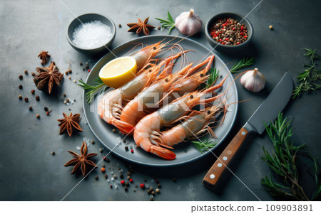 Shrimps with seasonings in bowl on stone rustic background from above. Fresh cooked delicious grilled shrimps served on plate top view, healthy seafood meal 109903891