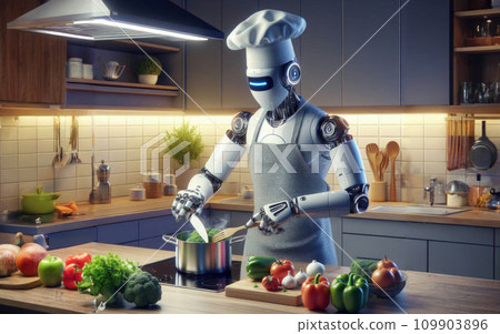 Chef robot Cooking In the kitchen of the future home genius. Intelligent robots work in modern homes, future lifestyle ideas. 109903896