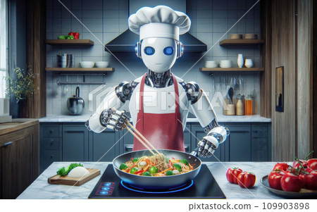 Chef robot Cooking In the kitchen of the future home genius. Intelligent robots work in modern homes, future lifestyle ideas. Chef robot Cooking In the kitchen of the future home genius. Intelligent robots work in modern homes, future lifestyle ideas. 109903898