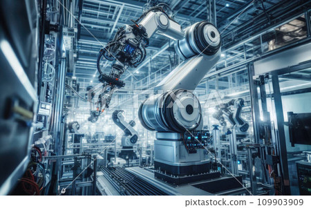 Robot Arms on Fully Automated Assembly Line Inside Modern Electronics Factory 109903909