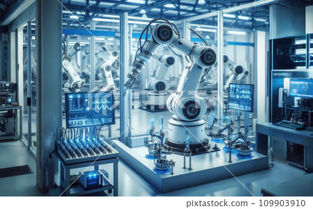 Robot Arms on Fully Automated Assembly Line Inside Modern Electronics Factory 109903910