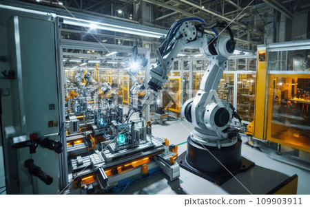 Robot Arms on Fully Automated Assembly Line Inside Modern Electronics Factory 109903911