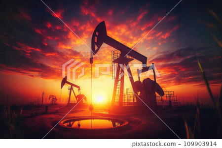 Oil pump oil rig energy industrial machine for petroleum in the sunset background for design 109903914