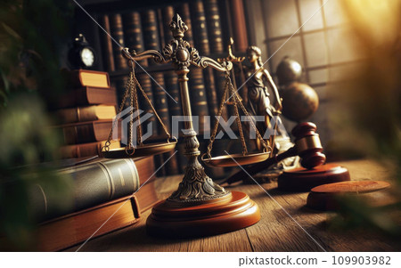 Law and justice concept. Mallet of the judge, hourglass, scales of justice 109903982