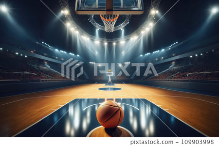 Basketball arena with wooden floor, lights reflectors, and tribune over blurred lights background. Classic Orange Basketball Ball On Wooden Sports Court 109903998