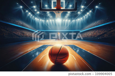 Basketball arena with wooden floor, lights reflectors, and tribune over blurred lights background. Classic Orange Basketball Ball On Wooden Sports Court 109904005