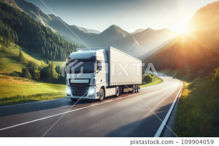 White truck driving on the highway winding through forested landscape at sunrise 109904059
