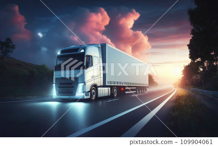 Long Haul Semi-Truck with Cargo Trailer Full of Goods Travels At Night on the Freeway Road Long Haul Semi-Truck with Cargo Trailer Full of Goods Travels At Night on the Freeway Road 109904061