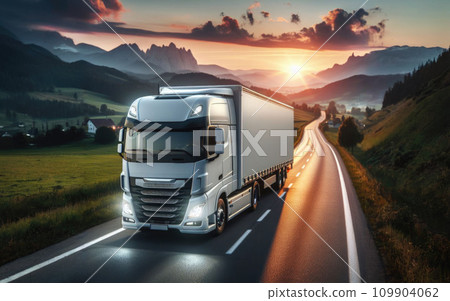 Long Haul Semi-Truck with Cargo Trailer Full of Goods Travels At Night on the Freeway Road 109904062