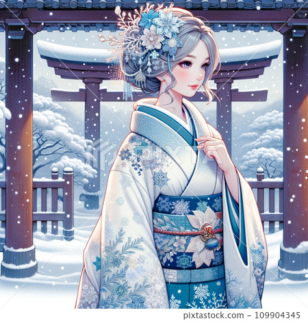 冬天穿著和服參拜神社的女人 109904345