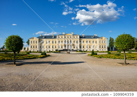 View of Latvian tourist landmark attraction -  Rundale palace and summer french garden, Pilsrundale, Latvia. 109904359