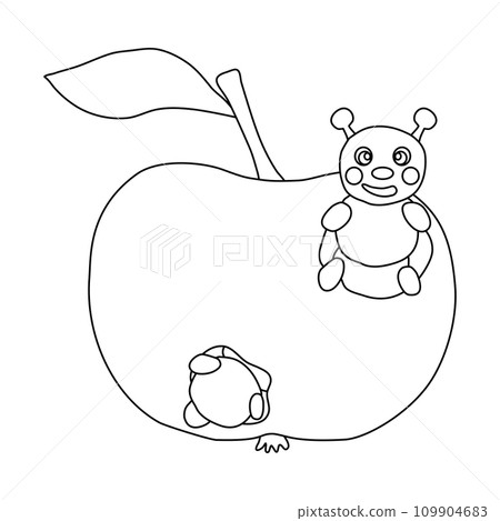 Apple eaten by cute caterpillar, doodle style flat vector outline for coloring book 109904683