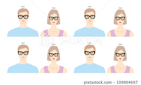 Set of D-frame frame glasses on women and men flat character fashion accessory illustration. Sunglass front view unisex Set of D-frame frame glasses on women and men flat character fashion accessory illustration. Sunglass front view unisex 109904697