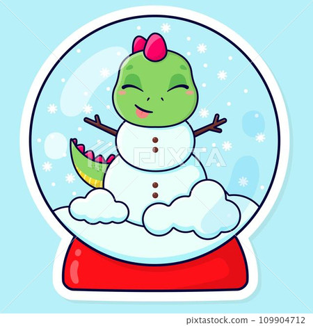 Cute cartoon dinosaur snowman. Snow globe. Christmas sticker. Childrens vector illustration Cute cartoon dinosaur snowman. Snow globe. Christmas sticker. Childrens vector illustration 109904712
