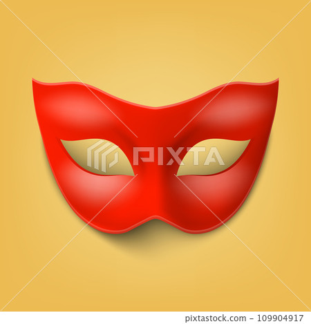 Vector 3d Realistic Blank Red Hero Carnival Eye Mask on Yellow Background Closeup. Hero Mask for Carnival, Party, Masquerade Glasses. Design Template for Carnival, Party Ball Concept. Front View 109904917