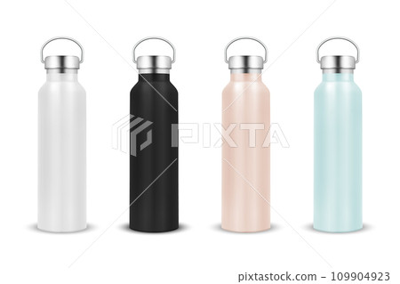 Vector Realistic 3d White, Black, Pink and Blue Blank Glossy Metal Reusable Water Bottle Icon Set with Silver Bung Closeup Isolated on White Background. Design Template of Packaging Mockup. Front View 109904923