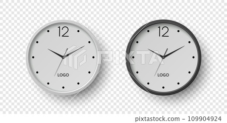 Vector 3d Round Wall Office Clock with White, Black Clock Dial Set Closeup Isolated. Watches, Design Template, Mock-up for Branding, Advertise. Vector Simple Minimalistic Clocks, Watches in Front View 109904924