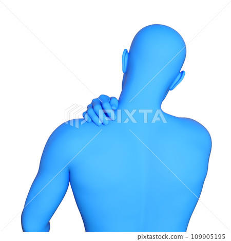 3D illustration of a blue mannequin from behind suffering from stiff shoulders 109905195