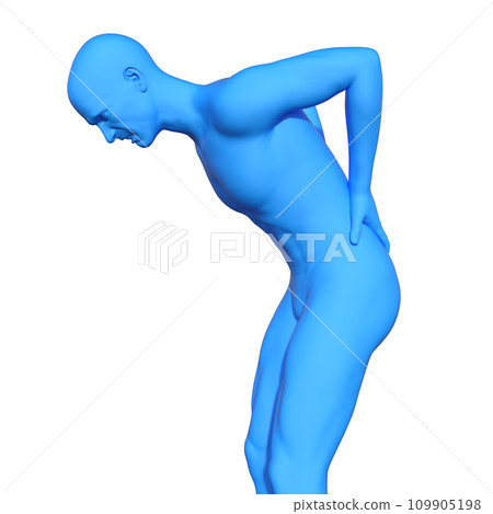 從側面觀看患有背痛的藍色人體模型的 3D 插圖 109905198