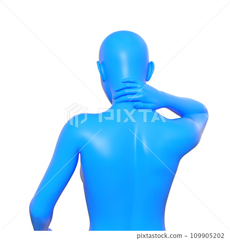 3D illustration of a blue mannequin of a woman suffering from neck stiffness seen from behind 109905202