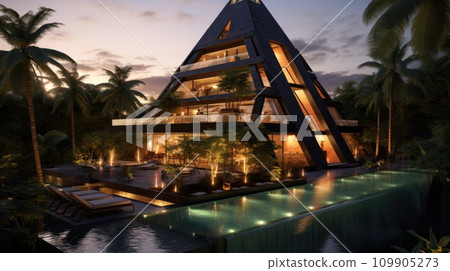 AI-generated content.  swimming pool near a pyramid-shaped house on a tropical island 109905273