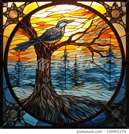 AI-generated content.  stained glass style with a bird on an autumn bare tree against the sky  109905274