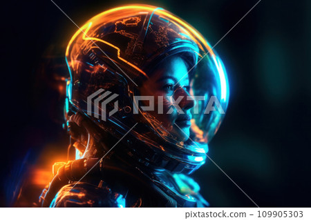 AI-generated content. Female astronaut in a space suit with backlight in space 109905303
