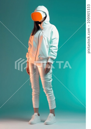AI-generated content. young woman in a beautiful white leather suit, hooded jacket and orange glasses AI-generated content. young woman in a beautiful white leather suit, hooded jacket and orange glasses 109905333