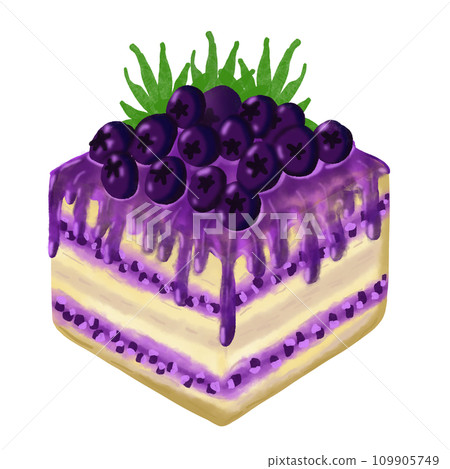 Blueberry  cake with purple icing and blueberries on top of it  109905749