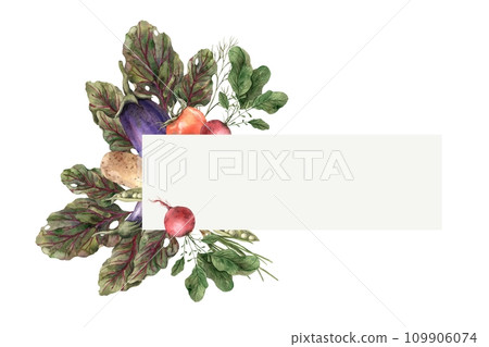 Watercolor rectangular frame of different vegetables: onion, eggplant, beet, tomato, dill, carrot and others. Hand drawn and isolated on a white background. Use in design, invitations, posters, signs, 109906074